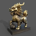 Ornate Golden Qilin Sculpture Carving With Decorative Ball And Base