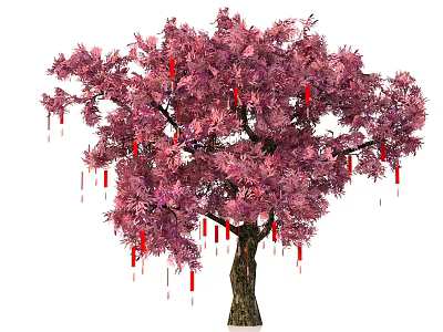 Lush Pink Flowering Tree With Red Decorative Strings Hanging From Branches 3d model