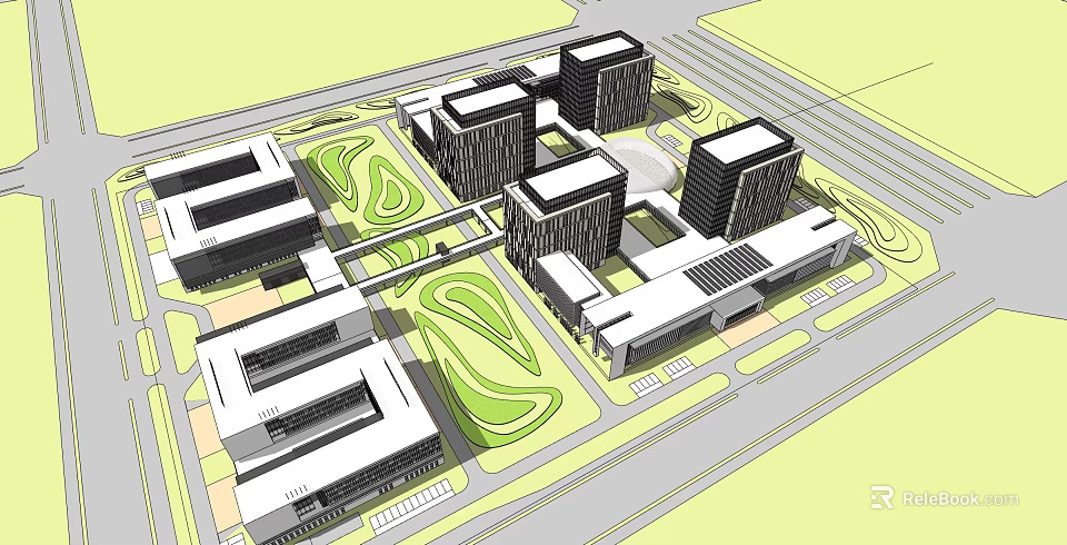 Modern Office Complex With Multiple Buildings And Green Landscaped Areas Design 3d model