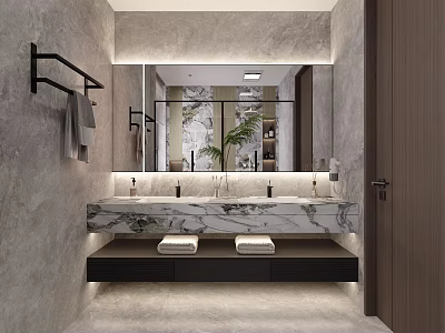 Modern Bathroom Interior Design With Marble Countertop Double Sink Large Mirror And Towel Rack 3d model