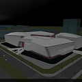 Modern Architecture Aerial Planning With Striped Facade Red Accents Plaza And Green Space