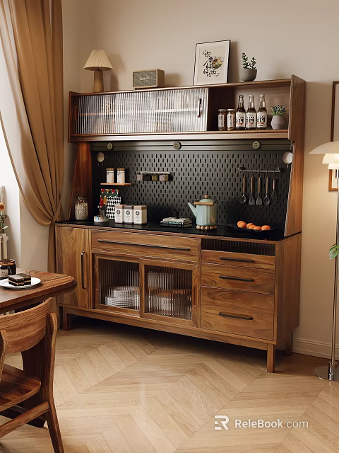 Wooden Sideboard with Perforated Panel Hanging Utensils Spices Bottles Kettle Glass Doors Drawers Oranges 3d model 