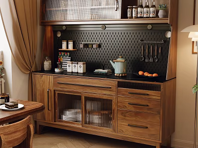 Wooden Sideboard with Perforated Panel Hanging Utensils Spices Bottles Kettle Glass Doors Drawers Oranges 3d model