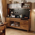 Wooden Sideboard with Perforated Panel Hanging Utensils Spices Bottles Kettle Glass Doors Drawers Oranges