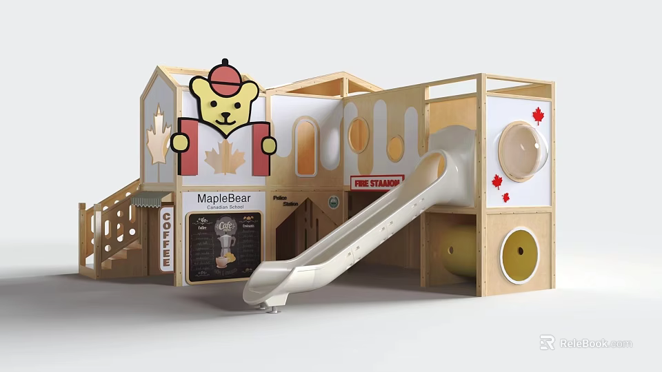 MapleBear Themed Playground With Slide And Wooden Structure 3d model 