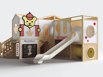 MapleBear Themed Playground With Slide And Wooden Structure 3d model
