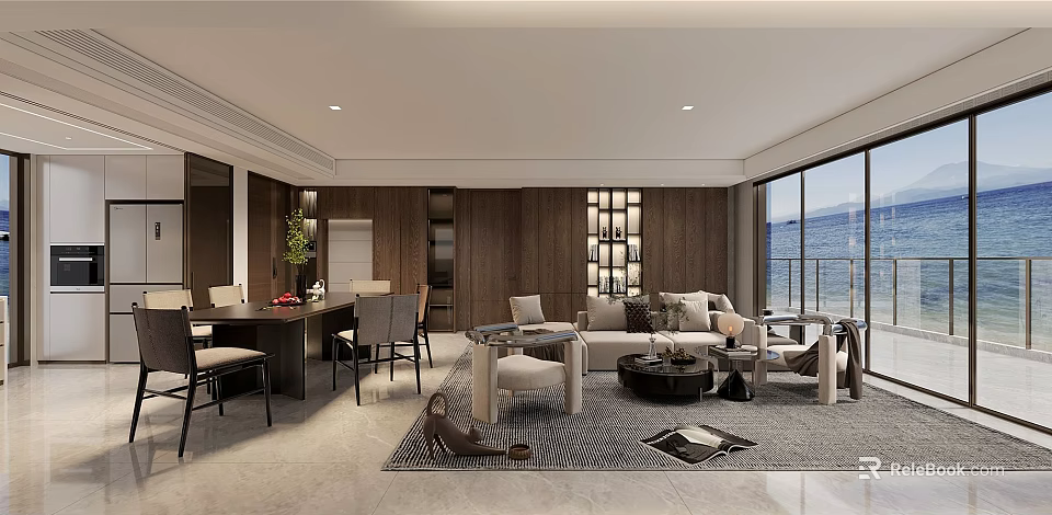 Elegant Modern Open Living And Dining Room Interior With Warm Wood Decor And Panoramic Seaview 3d model 