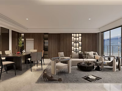 Elegant Modern Open Living And Dining Room Interior With Warm Wood Decor And Panoramic Seaview 3d model