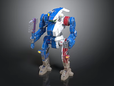 Blue And White Mechanical Warrior Robot With Red Accents Holding Weapon Sci Fi Design 3d model