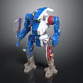 Blue And White Mechanical Warrior Robot With Red Accents Holding Weapon Sci Fi Design 3d model
