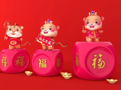 Cute Tiger Dolls In Traditional Costumes On Red Fu Character Cubes With Gold Ingots 3d model