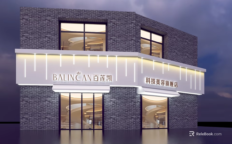 Two Story Storefront Facade Featuring Brick Wall Glass Windows And White Technology Beauty Signboard 3d model 