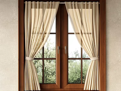 Double Wooden Window With Beige Tied Curtains And Greenery Outside View 3d model