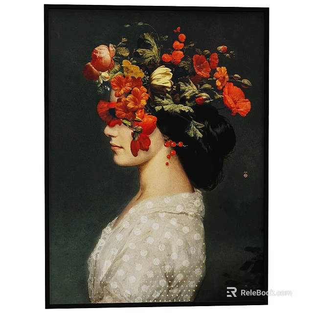 Portrait Painting of a Woman with Floral Headpiece and Polka Dot Blouse on Dark Background 3d model 