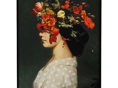 Portrait Painting of a Woman with Floral Headpiece and Polka Dot Blouse on Dark Background 3d model