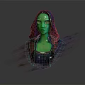 Green Skinned Fantasy Character with Long Dark Hair Facial Markings and Dark Outfit
