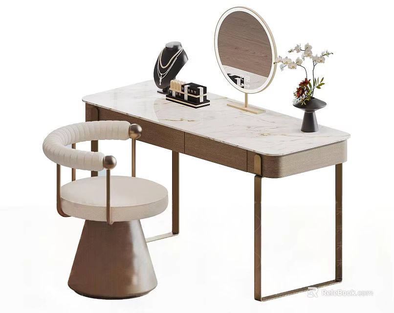 Elegant Luxury Dressing Table With Marble Top LED Makeup Mirror And Comfortable Upholstered Vanity Chair 3d model 