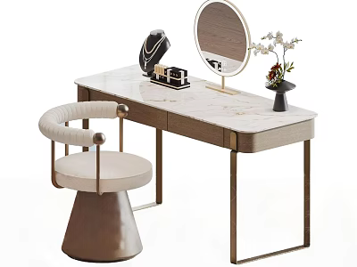 Elegant Luxury Dressing Table With Marble Top LED Makeup Mirror And Comfortable Upholstered Vanity Chair 3d model