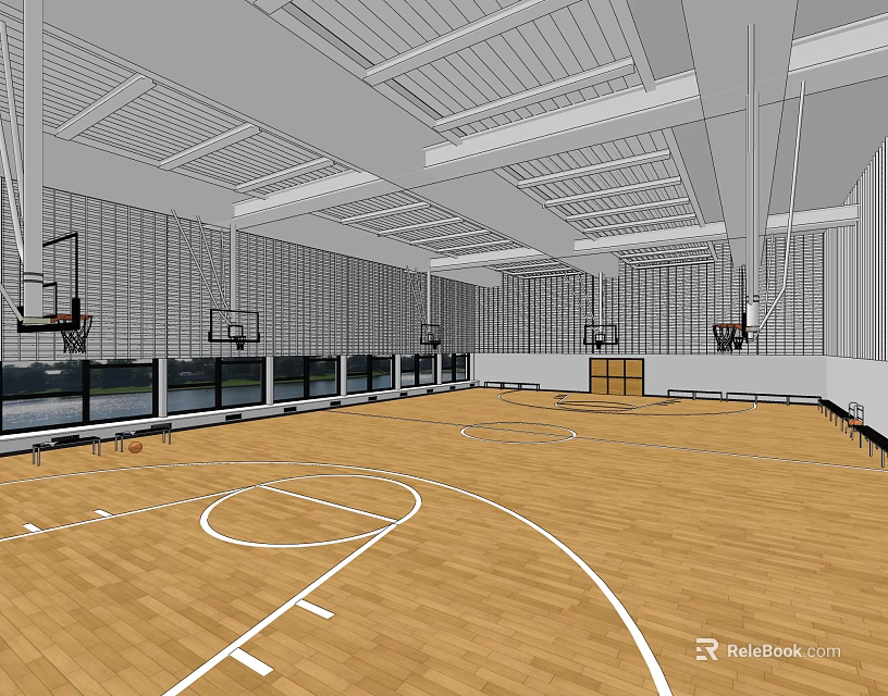 Indoor Basketball Court With Wooden Floor White Lines Multiple Hoops And Ceiling Lighting 3d model 