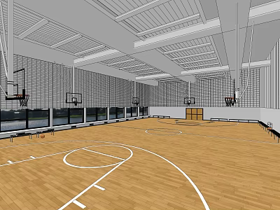 Indoor Basketball Court With Wooden Floor White Lines Multiple Hoops And Ceiling Lighting 3d model