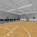 Indoor Basketball Court With Wooden Floor White Lines Multiple Hoops And Ceiling Lighting