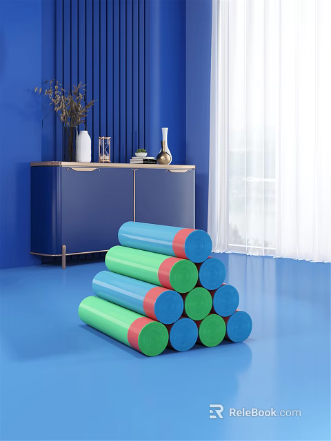 Colorful Rolled Household Yoga Mats Stacked In Modern Blue Living Room 3d model 