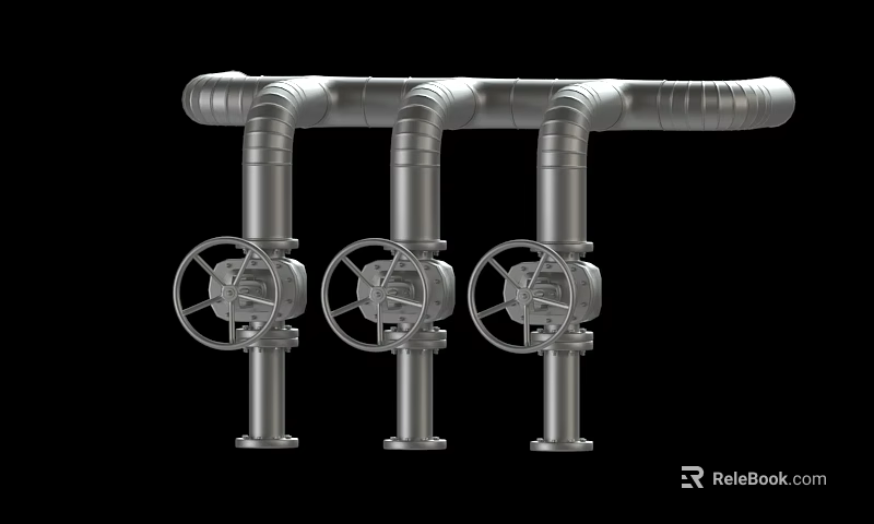 Industrial Metal Pipes With Three Valves And Wheel Handles Mechanical Setup 3d model 