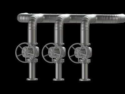 Industrial Metal Pipes With Three Valves And Wheel Handles Mechanical Setup 3d model