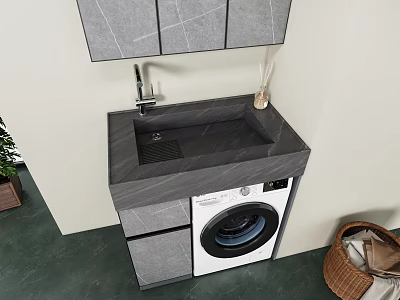 Modern Bathroom Vanity With Stone Countertop Mirror Cabinet And Washing Machine 3d model