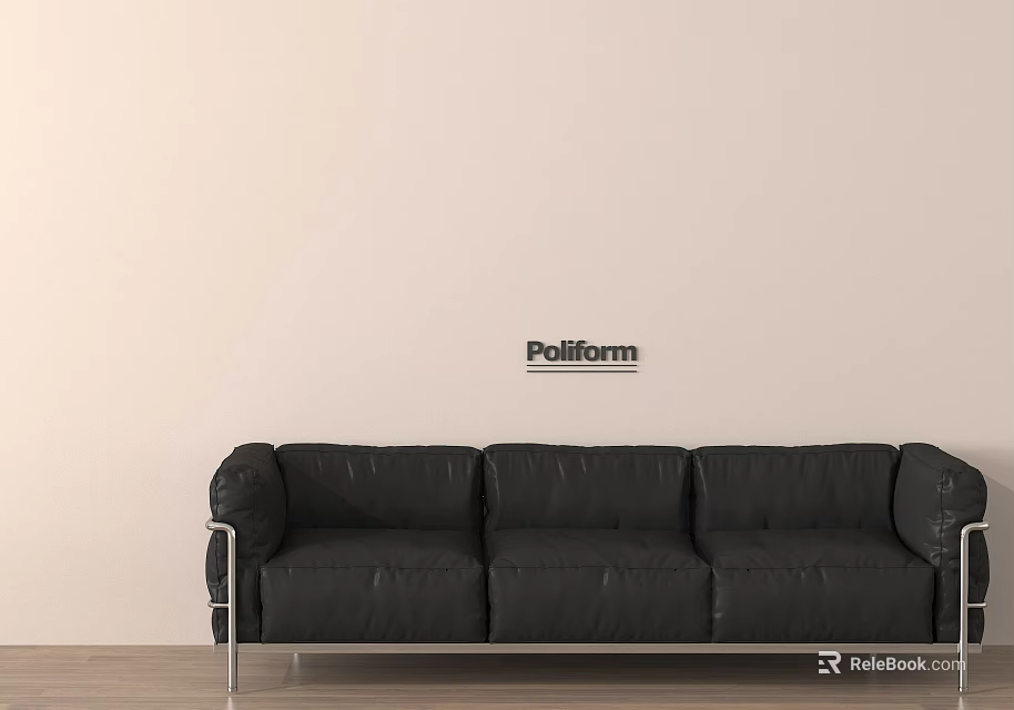 Black Three Seater Sofa With Metal Legs Against Poliform Light Colored Wall 3d model 
