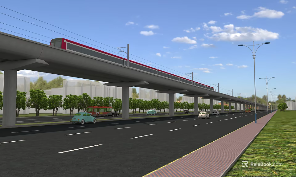 Urban Road Infrastructure With Elevated Railway Track Red Train Vehicles Street Lamps Trees And Sidewalk 3d model 