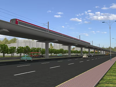 Urban Road Infrastructure With Elevated Railway Track Red Train Vehicles Street Lamps Trees And Sidewalk 3d model