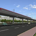 Urban Road Infrastructure With Elevated Railway Track Red Train Vehicles Street Lamps Trees And Sidewalk