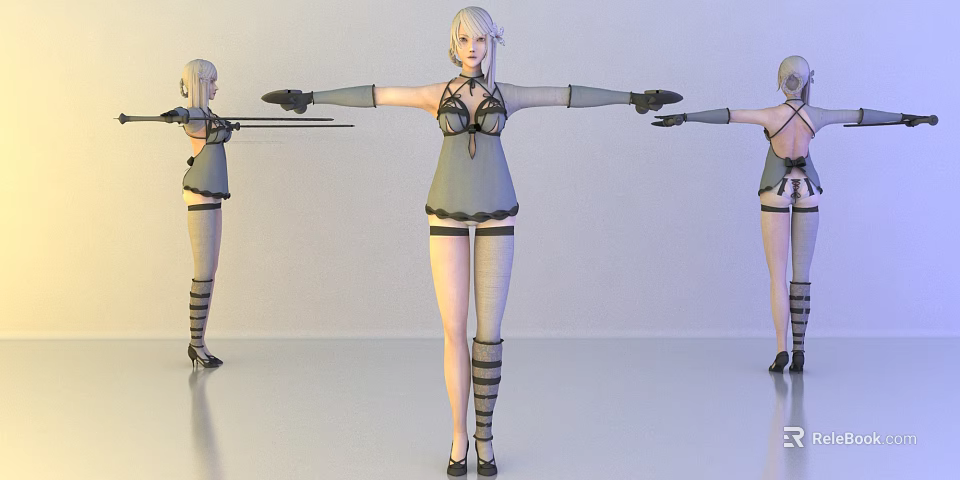 3D Female Game Movie Character in Gray Dress with Black Gloves Stockings and Weapon 3d model 