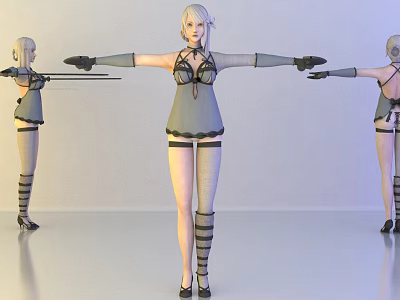 3D Female Game Movie Character in Gray Dress with Black Gloves Stockings and Weapon 3d model