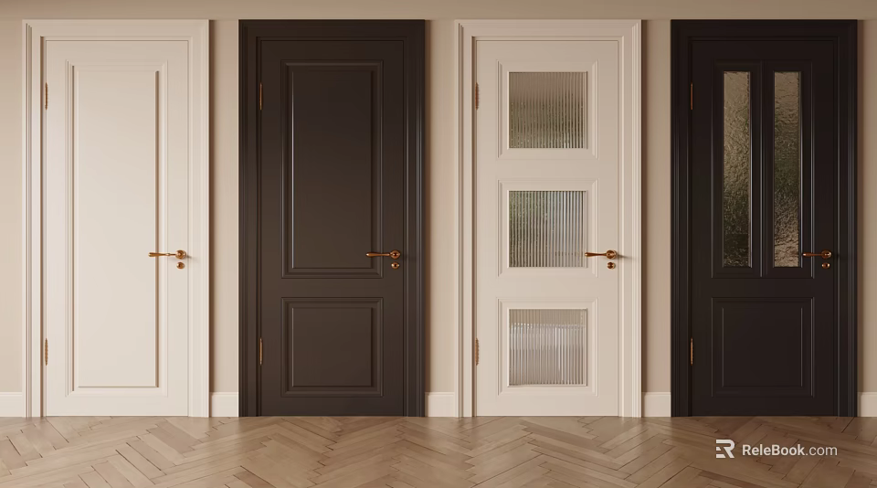 Modern Interior Flush Doors Featuring White Dark Brown Solid Panel And Glass Designs 3d model