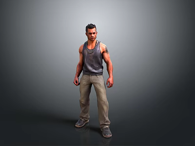 A Man In Sleeveless Shirt With Tattoos Standing In Jeans Full Body Pose 3d model