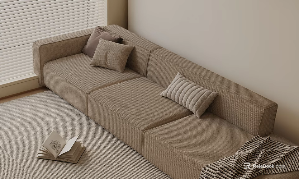 Modern Three Seater Sofa With Soft Pillows Open Book And Knit Blanket In Living Room 3d model 