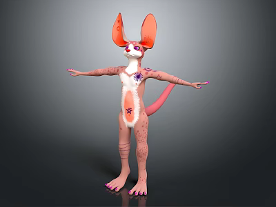 Cute 3D Character Model With Large Ears Pink Spotted Body And Outstretched Limbs 3d model