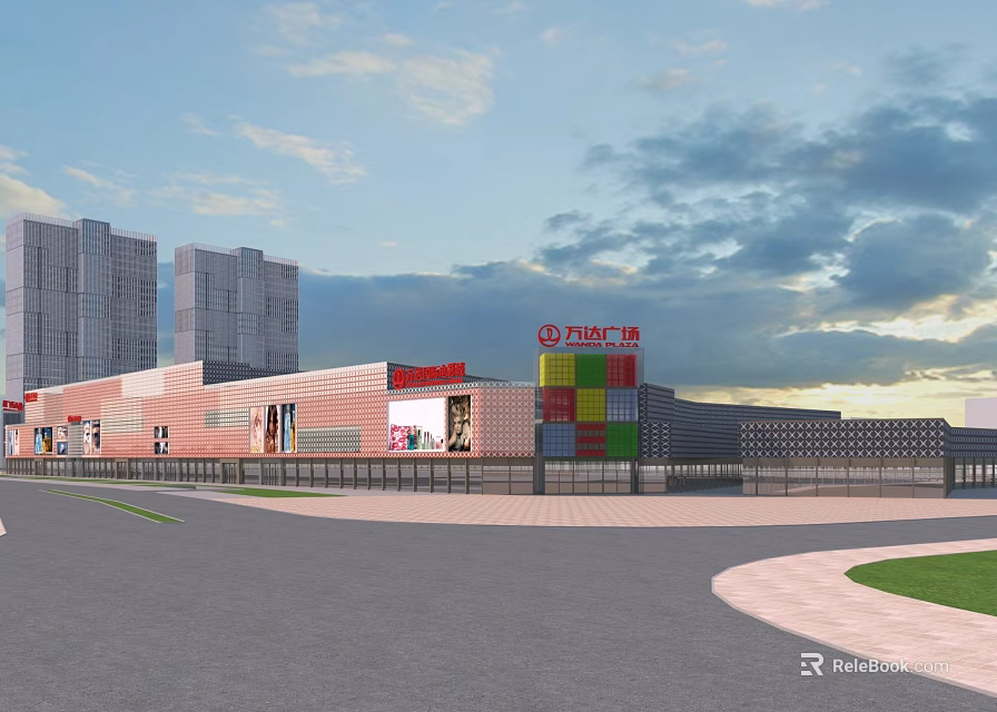Wanda Plaza Office Building With Red Brick Facade Tall Buildings And Cloudy Sky View 3d model 