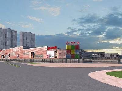 Wanda Plaza Office Building With Red Brick Facade Tall Buildings And Cloudy Sky View 3d model