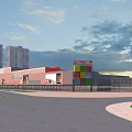 Wanda Plaza Office Building With Red Brick Facade Tall Buildings And Cloudy Sky View