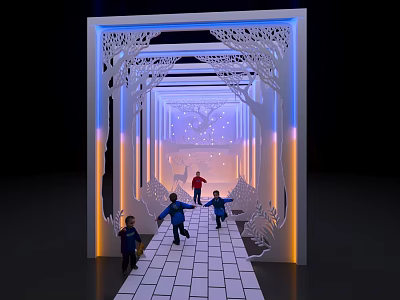 Event Entrance With Tree Decorations Blue Orange Lighting And Children Running On White Brick Path 3d model