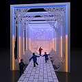 Event Entrance With Tree Decorations Blue Orange Lighting And Children Running On White Brick Path