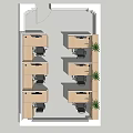 Modern Office Workspace Layout With Multiple Desks Computer Monitors Dividers Green Plants And Black Chairs