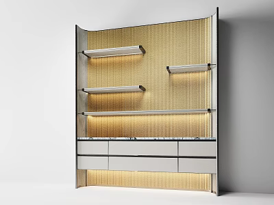 Elegant Modern Sideboard With Golden Vertical Stripes Shelves Drawers And LED Lighting 3d model