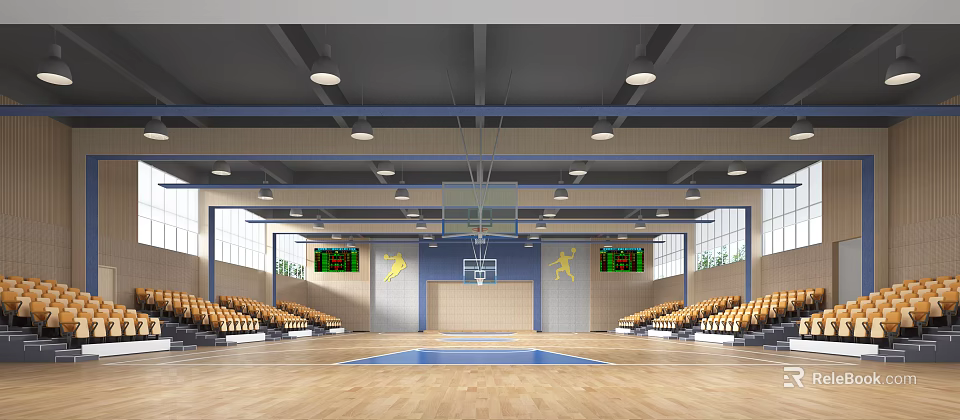 Basketball Gymnasium Interior With Wooden Floor Spectator Seats Scoreboards Hoop And Ceiling Lights 3d model 