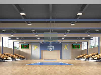 Basketball Gymnasium Interior With Wooden Floor Spectator Seats Scoreboards Hoop And Ceiling Lights 3d model