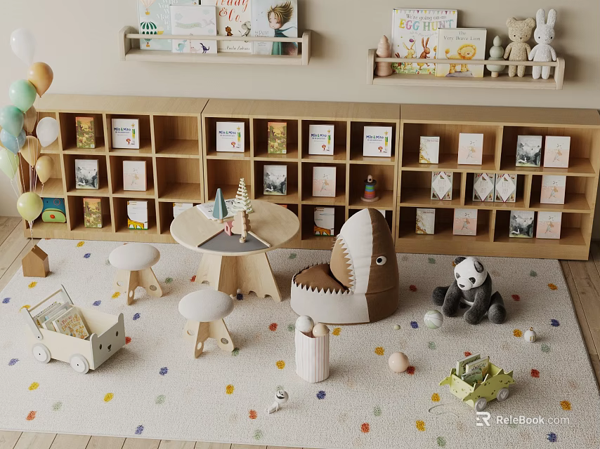 Panda Doll In Cozy Children's Room With Shelves Small Table Stools And Toys 3d model 