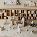 Panda Doll In Cozy Children's Room With Shelves Small Table Stools And Toys